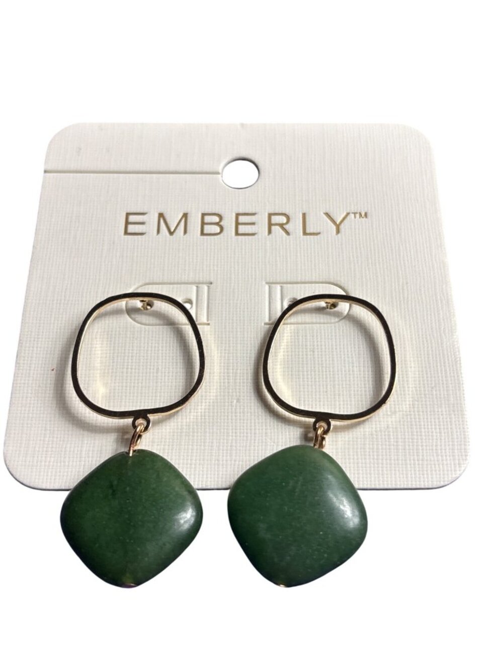 Emberly Goldtone Hoop Green Stone Dangle Earrings 2 inches New